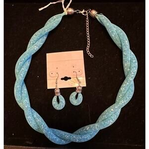 Vintage Glass Bead Twisted Necklace And Earring Set Blue Stones Pierced Earrings